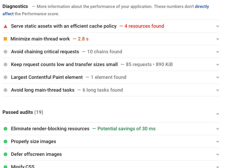 Список проведенных аудитов PageSpeed